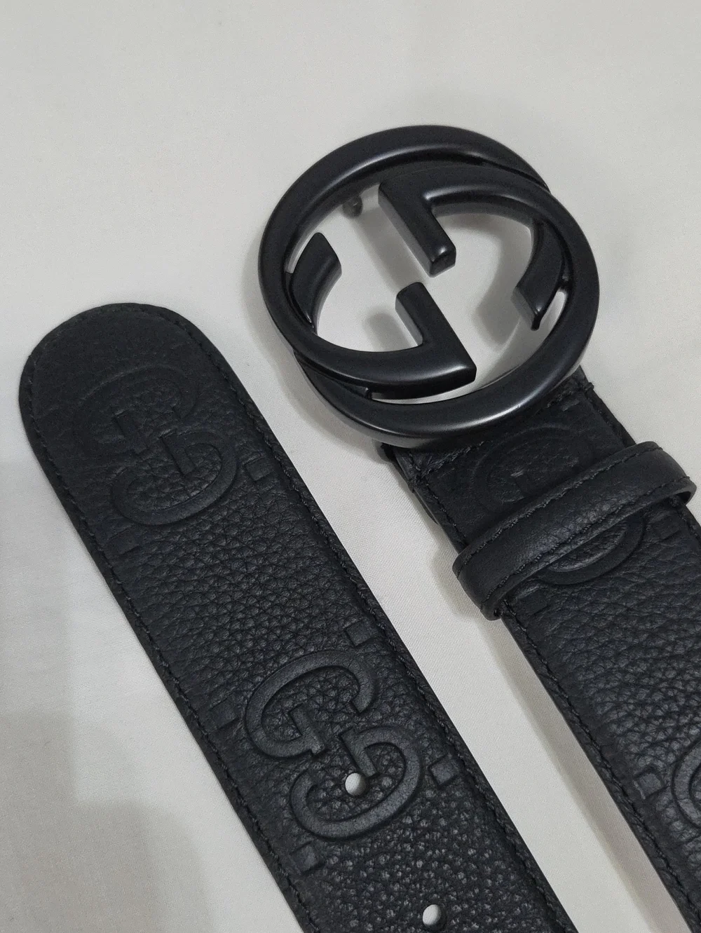 Gucci Black Leather Monogram Belt Black Double GG Buckle